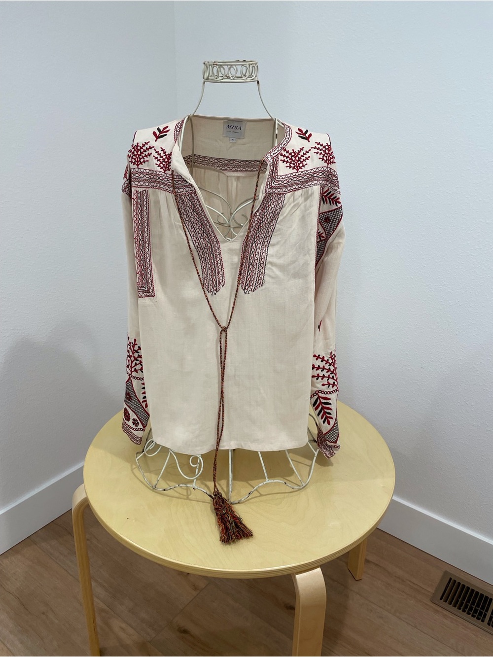 Misa Los Angeles Cream Boho Peasant Tunic with Red Embroidery